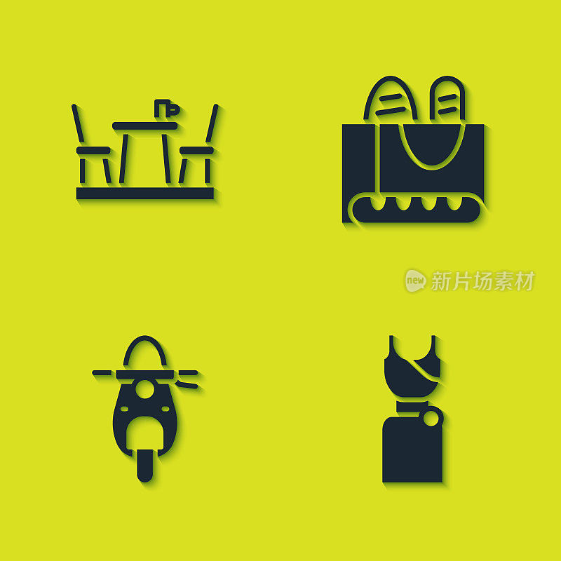 Set French cafe, Woman dress, Scooter and baguette bread icon。向量